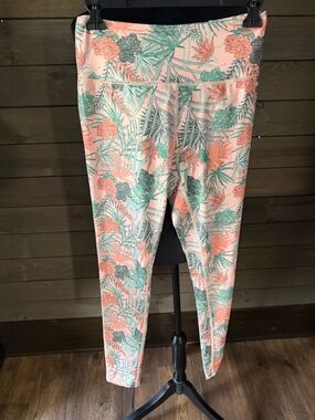Reebok Peach & Green Tropical Print Activewear Leggings Medium 28" Inseam